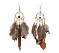 Beadthoven 1 Pair Bohemian Feather Fringe Earrings Boho Ethnic Golden Alloy Chandelier Earrings with Glass Seed Beads Feather Tassels for Women Girls Jewellery, Camel