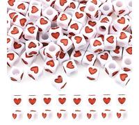 Beadthoven 100 Pieces White Acrylic Red Heart Beads Plastic Tiny Cube Beads Large Hole Beading 7x7mm for Necklace Bracelet Keychains Kid's Jewelry Hole: 4mm