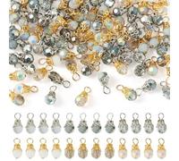 Beadthoven 100Pcs Crystal Bead Dangle Charm Faceted Glass Drop Bead Charms Tiny Dangles with Gold Platinum Plated Flower Beads Caps for DIY Necklaces Earrings Crafts jewelry Making White Gray