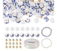 Beadthoven 101Pcs DIY Bracelets Making Kits, Blue Flower Printed Porcelain Ceramic Beads for Women, Round Imitated Pearl Acrylic & Brass Spacer Bead with Elastic Crystal Thread for Jewelry Making