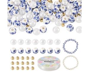 Beadthoven 101Pcs DIY Bracelets Making Kits, Blue Flower Printed Porcelain Ceramic Beads for Women, Round Imitated Pearl Acrylic & Brass Spacer Bead with Elastic Crystal Thread for Jewelry Making