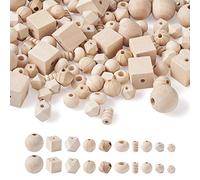 Beadthoven 150pcs Wooden Beads Unfinished Natural Wood Bead 9~25mm Round Cube Bicone Column Geometric Wooden Loose Beads Spacers for Bracelet Earring Jewelry Making