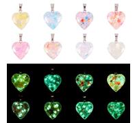 Beadthoven 15Pcs Luminous Resin Heart Charms, Glow in the Dark Love Heart Pendants Glittery Sequins Valentine’s Day Dangle Charms with Snap On Bails for Jewelry Making Necklace Keychains DIY Crafts