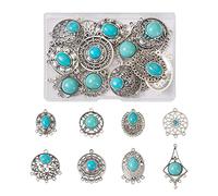 Beadthoven 16pcs Antique Silver Turquoise Pendants Connectors Chandelier Charms Multi-Hole Vintage Boho Blue Turquoise Gemstone Charms Filigree Links for DIY Jewelry Making
