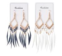 Beadthoven 2 Pairs Bohemian Feather Dangle Earrings Boho Ethnic Glass Seed Beaded Feather Tassels with Alloy Rhombus Chandelier Earring Women Girls Jewellery, Black & White