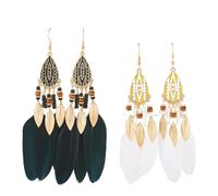 Beadthoven 2 Pairs Bohemian Feather Fringe Dangle Earrings Colorful Boho Ethnic Feather Beaded Pendants Earrings Drop Dangle Earring for Women Girls Jewellery, Black and White
