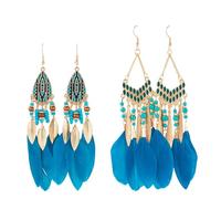 Beadthoven 2 Pairs Bohemian Feather Fringe Dangle Earrings Colorful Boho Ethnic Feather Beaded Pendants Earrings Drop Dangle Earring for Women Girls Jewellery, Deep Sky Blue