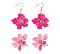 Beadthoven 2 Pairs Flower Earrings 2 Styles Multi-layer Petal Boho Chic Flower Dangle Hook Earring & Stud Earring Set for Women Girls Wedding Party, Deep Pink