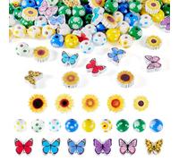 Beadthoven 20 Styles Butterfly Flower Polka Wood Beads 15mm Round Beads Sunflower Pattern Loose Spacer Beads Bulk for Handmade Bracelet Crafts Supplies
