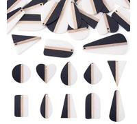 Beadthoven 20pcs Resin Wood Pendants 10 Styles Geometric Teardrop Arch Heart Dangle Wooden Charms for DIY Bohemian Necklace Earring Jewelry Making, Black & White