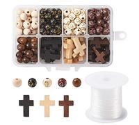 Beadthoven 211pcs Wooden Cross Beads Acrylic Bead 8mm Round Ball Cross Loose Chunky Beads Charms with Elastic Thread for Rosary Holy Jewelry Making