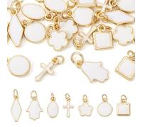Beadthoven 21pcs Brass Enamel Charms White Enamel Hamsa Hand Square Oval Cross Flower 7 Styles Rosary Pendants for DIY Craft Necklace Bracelet Earrings Jewelry Making