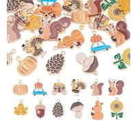 Beadthoven 24pcs Thanksgiving Fall Charms, Golden Alloy Enamel Pendants Pumpkin Maple Leaf Mushroom Acorn Nut Squirrel Charms Mix Cute Dangle Beads for Jewelry Making Keychain Necklace Bracelets DIY