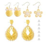 Beadthoven 3 Pairs Rattan Earrings 3 Styles Handmade Raffia Rattan Boho Flower Dangle Earring Set for Women Girls Bohemian Summer Beach Essentials, Yellow