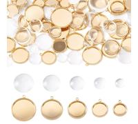Beadthoven 30pcs 5 Sizes Round Blank Bezel Pendant Tray Mixed Real 18K Gold Plated Pendant Tray Base Cabochon Settings Charms with 30pcs Clear Glass Cabochons for DIY Photo Jewelry Making Necklaces