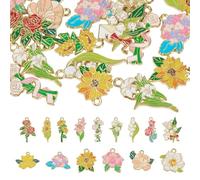 Beadthoven 30pcs Enamel Flower Charms for Jewelry Making Spring Charms Bulk Gold Plated Alloy Sunflower Lily Rose Floral Pendants Hang Ornaments for Necklace Earrings Keychain Bracelets DIY