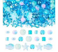 Beadthoven 350pcs Mixed Sea Glass Beads Kit Ocean Starfish Fish Beads Mini Assorted Round Glass Seed Beads Summer Hawaii Sea Life Spacers for Jewelry Making Bracelets Necklace DIY Sky Blue