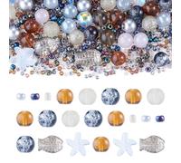 Beadthoven 350pcs Mixed Sea Glass Beads Kit Ocean Starfish Fish Beads Mini Assorted Round Glass Seed Beads Summer Hawaii Sea Life Spacers for Jewelry Making Bracelets Necklace DIY Gray