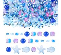 Beadthoven 350pcs Mixed Sea Glass Beads Kit Ocean Starfish Fish Beads Mini Assorted Round Glass Seed Beads Summer Hawaii Sea Life Spacers for Jewelry Making Bracelets Necklace DIY Blue