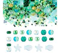 Beadthoven 350pcs Mixed Sea Glass Beads Kit Ocean Starfish Fish Beads Mini Assorted Round Glass Seed Beads Summer Hawaii Sea Life Spacers for Jewelry Making Bracelets Necklace DIY Green