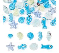 Beadthoven 36Pcs 9 Styles Ocean Sea Ceramic Beads Blue Handmade Porcelain Beads Small Shell Fish Starfish Summer Hawaii Ocean Animal Bead for Bracelets Necklace Jewelry Making DIY Crafts