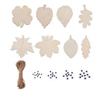 Beadthoven 40pcs 8 Styles Unfinished Leaf Wood Slice Natural Blank Wooden Maple Clover Tree Leaves Cutouts with Wiggle Eyes & Hemp Cords for Jewelry Making