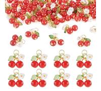 Beadthoven 40pcs Glass Red Cherry Charms Pendants Golden Cute Crystal Cherries Fruits Pendants with Small White Flower Dangle Charm Leaf Beads for Jewelry Making Earrings Keychain Necklace DIY