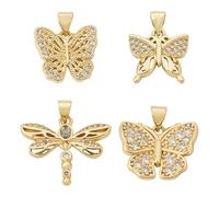 Beadthoven 4Pcs Micro Pave Clear Cubic Zirconia Butterfly Dragonfly Charms 18K Golden Brass Cute Insect Pendants Flying Animal Rhinestone Dangle Charms for Jewelry Making DIY Necklace Earrings