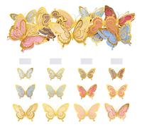Beadthoven 5 Sets Hollow Butterfly Stickers PET Wall Sticker 3D Double Layer Butterflies Decals for Home Wall Decor Scrapbooking Invitations Hair Clips, 12pcs/Set, Gold
