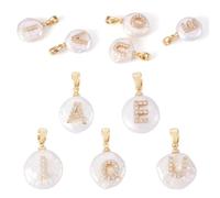 Beadthoven 5Pcs Natural Freshwater Pearl Charms Golden Brass Bling Cubic Zirconia AEIOU Vowel Letter Real Pearl Pendants 12-16mm Flat Round Nuggets Pearls Dangle Charms for DIY Jewelry Making Necklace