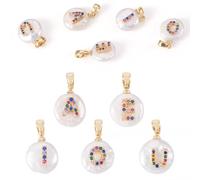 Beadthoven 5Pcs Natural Freshwater Pearl Charms Golden Brass Cubic Zirconia AEIOU Vowel Letter Real Pearl Pendants 12-16mm Flat Round Nuggets Pearls Dangle Charms for DIY Jewelry Making Necklaces