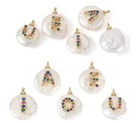 Beadthoven 5Pcs Natural Freshwater Pearl Charms Golden Brass Cubic Zirconia AEIOU Vowel Letter Real Pearl Pendants 13-16mm Flat Round Nuggets Pearls Dangle Charms for DIY Jewelry Making Necklaces