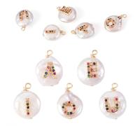 Beadthoven 5Pcs Natural Freshwater Pearl Charms Golden Brass Cubic Zirconia AEIOU Vowel Letter Real Pearl Pendants 11-12mm Flat Round Nuggets Pearls Dangle Charms for DIY Jewelry Making Necklaces