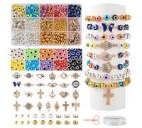 Beadthoven 628pcs Evil Eye Flat Round Resin Beads with Cross Anchor Star Dragonfly Alloy Rhinestone Evil Eye Charms Links for Bracelet Necklace Jewelry Making