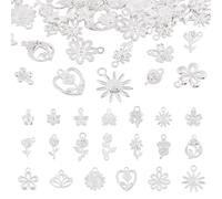 Beadthoven 80Pcs Assorted Alloy Flower Charms Bright Silver Metal Flower Pendants Small Sunflower Rose Cherry Blossom Floral Charms for Jewelry Making Necklace Earrings Bracelets Keychains DIY Crafts