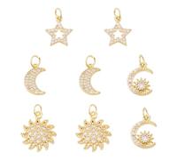 Beadthoven 8pcs 4 Styles Micro Pave Cubic Zirconia Celestial Charms 18K Golden Brass Sun Moon Star Charms with Jump Rings Diamond Rhinestone Pendants for Jewelry Making DIY Necklace Earrings