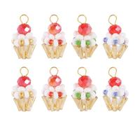 Beadthoven 8Pcs Cake Charms Crystal Glass Seed Bead 3D Cute Cupcake Charms Small Golden Imitated Food Holiday Dangle Pendants for Jewelry Making Necklace Earrings Christmas Party Ornaments