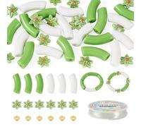 Beadthoven Acrylic Curved Tube Beads Bracelet Making Kit with 20pcs Green Opaque Chunky Bamboo Long Noodle Bead Flower Porcelain Spacers Crystal Thread for Jewelry Making