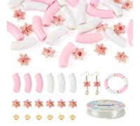 Beadthoven Acrylic Curved Tube Beads Bracelet Making Kit with 20pcs Pink Opaque Chunky Bamboo Long Noodle Bead Flower Porcelain Spacers Crystal Thread for Jewelry Making