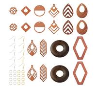 Beadthoven Assorted Wood Dangle Pendants Jewelry Set Geometry Hollow Pendants Teardrop/Leaf/Rhombus/Flat Round/Gear Shape Dangle Wooden Charms for Jewelry Making, Coffee