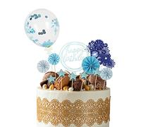 Beaface 13 PCS Birthday Cake Toppers Set, Blue Happy Birthday Cake Topper Decorations, Sequins Balloon Paper Fans Stars Acrylic Decorations (Blue)