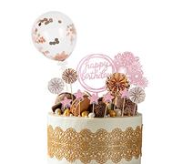 Beaface 13 PCS Birthday Cake Toppers Set, Rose Gold Happy Birthday Cake Topper Decorations, Sequins Balloon Paper Fans Stars Acrylic Decorations (Rose Gold)