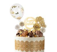 Beaface 13 PCS Cake Toppers Set, Happy Birthday Toppers with Sequins Balloon Paper Fans Stars Acrylic Cake Decorations (Gold)