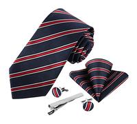 Beaface Men Ties Set, Navy Red Striped Tie and Pocket Square Cufflinks Tie Clip 5 PCS Set, Mens Necktie for Wedding Business Formal (Navy Red Striped)