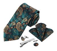 Beaface Men Ties Set, Paisley Tie and Pocket Square Cufflinks Tie Clip 5 PCS Set, Mens Necktie for Wedding Business Formal (Cyan Blue Paisley)