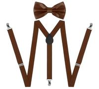 Beaface Men's Braces and Bow Tie Set, Adjustable Elastic Suspenders with 3 Strong Clips, Brown