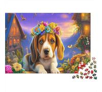 Beagle 1000 Piece Recycled Board Jigsaw Puzzle for Collectors Senior Enthusiasts Couple Partners Beagle with Flower Crown Sweet Puzzle Home Fun 52x38cm/1000pcs