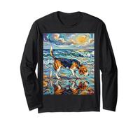 Beagle at the Beach Summer Artwork Dog Lover Coastal Art Long Sleeve T-Shirt