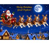 Beagle Christmas Card for Great Nephew (Funny Reindeer Santa Sleigh)