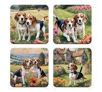 Beagle Coaster Set, 4 x Watercolour Puppy Dog Art 9cm Glossy Wood Coffee Drinks Mats Gift